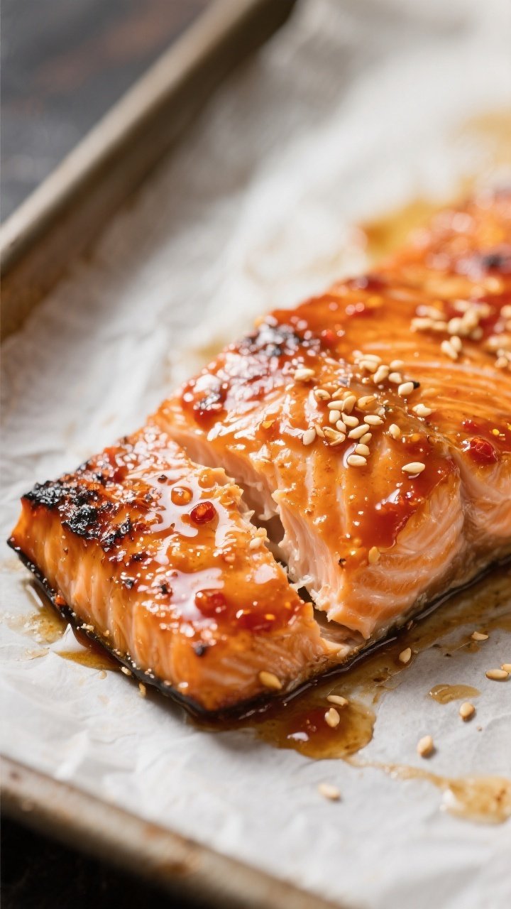 Close-up detail: Broiled Spicy Honey Sriracha Salmon just out of the oven, showing glossy, carameliz