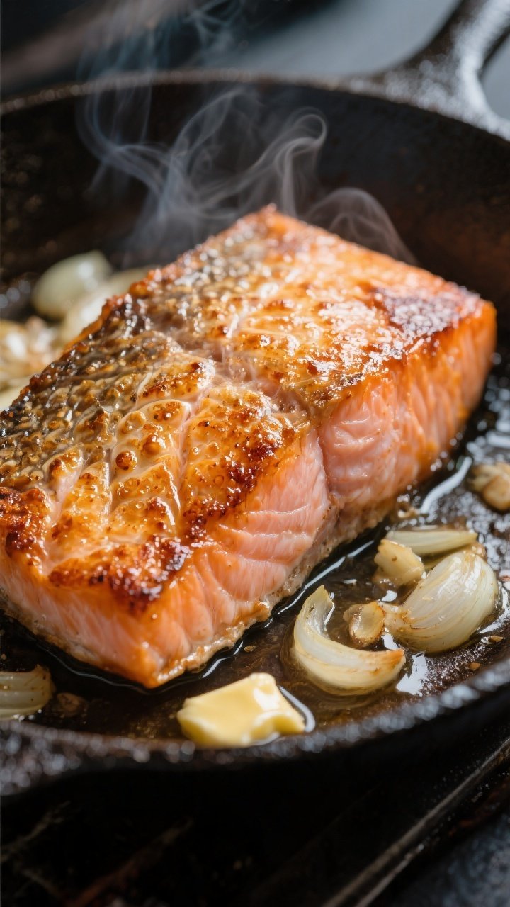 Close-up detail: Crispy-skin salmon just after searing, skin-side up in a cast-iron skillet, showing