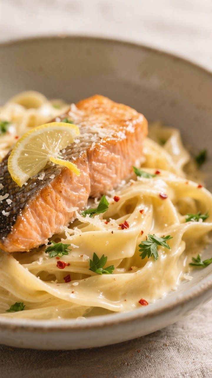 Close-up detail: Flaked, pan-seared salmon folded into glossy Alfredo-coated fettuccine, with visibl