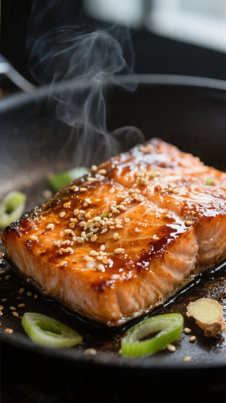 Close-up detail: Glossy, caramelized Asian Sesame Ginger Salmon fillet just off the pan-sear, lacque