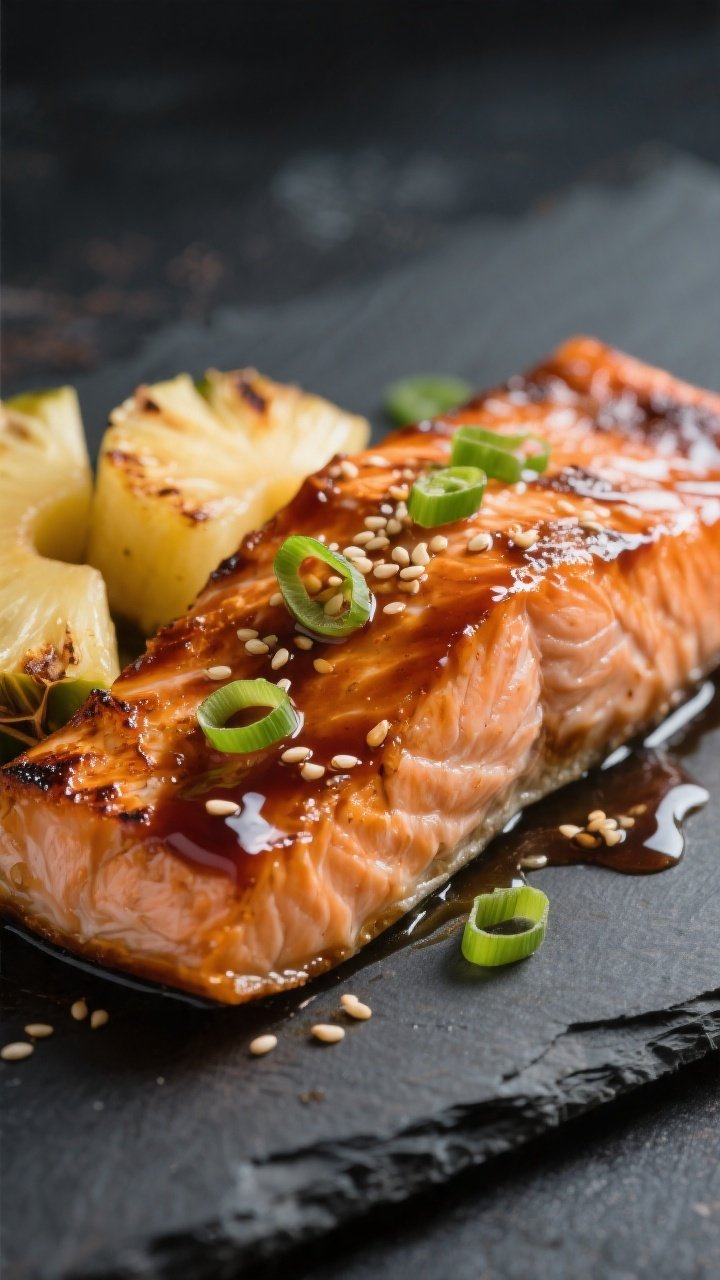 Close-up detail: Glossy teriyaki-glazed salmon fillet just out of the oven, surface caramelized with