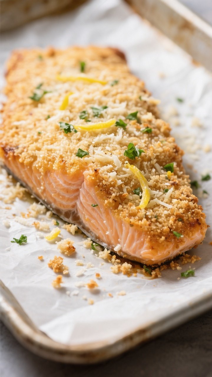 Close-up detail: Golden, garlic-Parmesan crusted salmon just out of the oven, highlighting the ultra