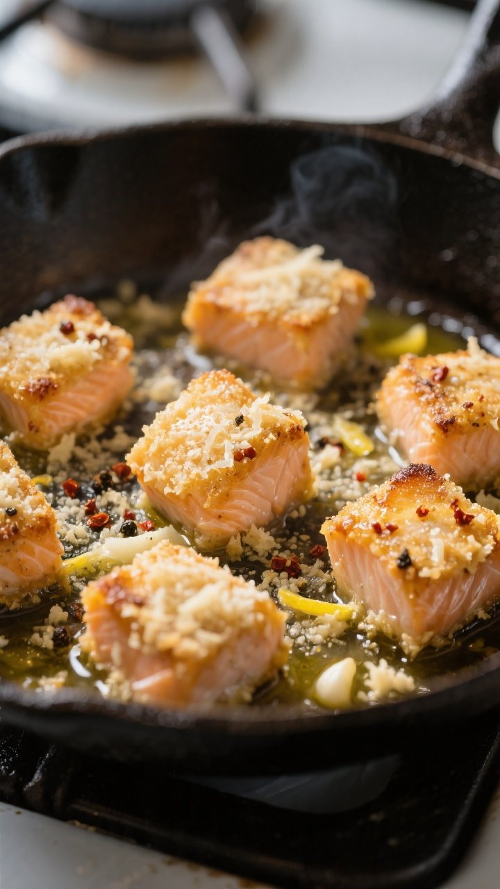 Close-up detail: Golden, garlicky Parmesan-crusted salmon bites sizzling in a cast-iron skillet, mid