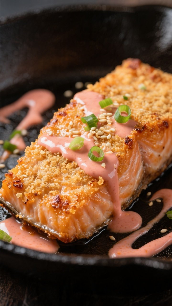 Close-up detail: Golden, pan-seared bang bang salmon fillet just out of the skillet, showing a crisp
