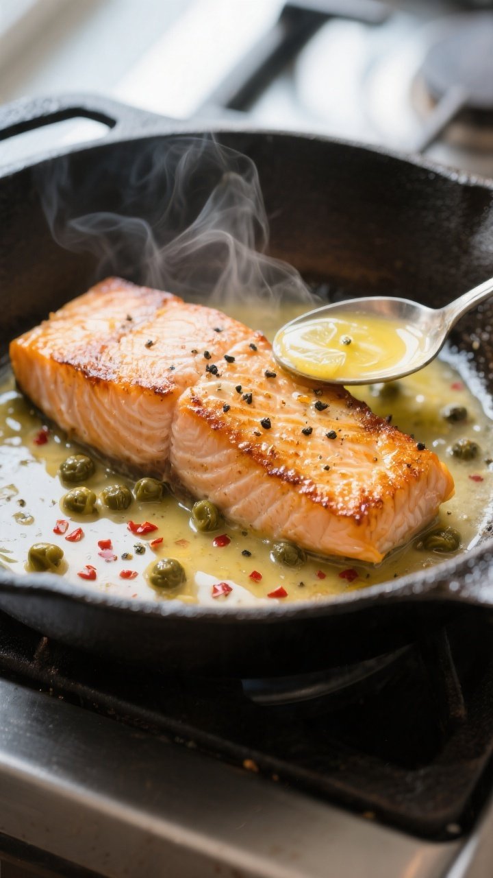 Close-up detail: Golden-seared salmon fillet in a skillet, skin-side down with crisped edges and vis