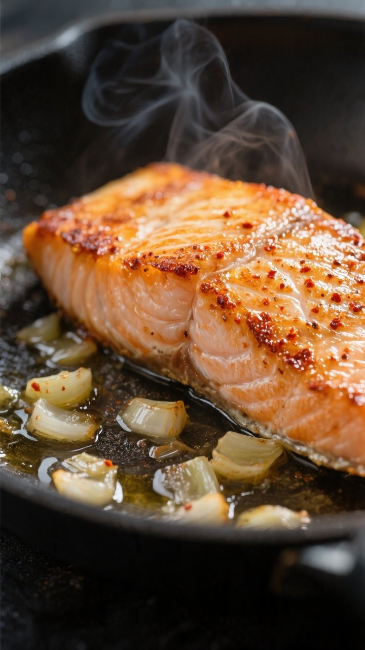 Close-up detail: Golden-seared salmon fillet just after flipping in a skillet, edges caramelized wit