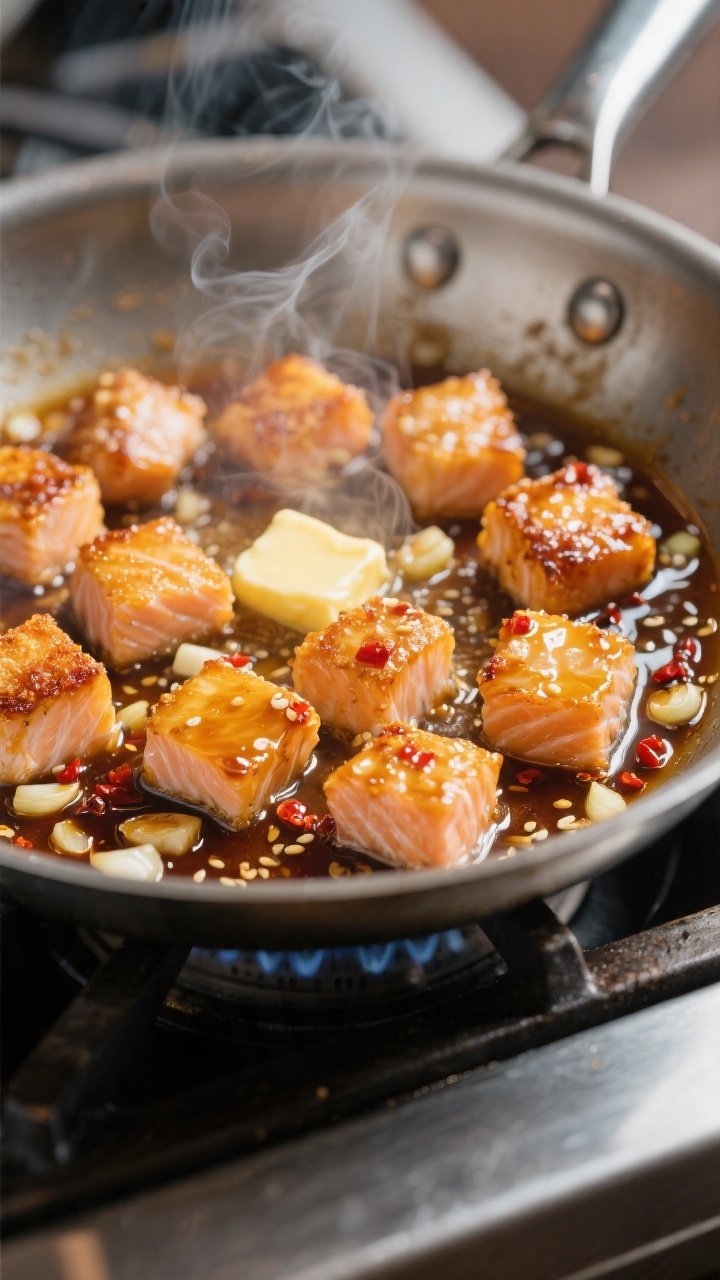 Close-up detail of crispy honey garlic salmon bites sizzling in a stainless skillet during the degla