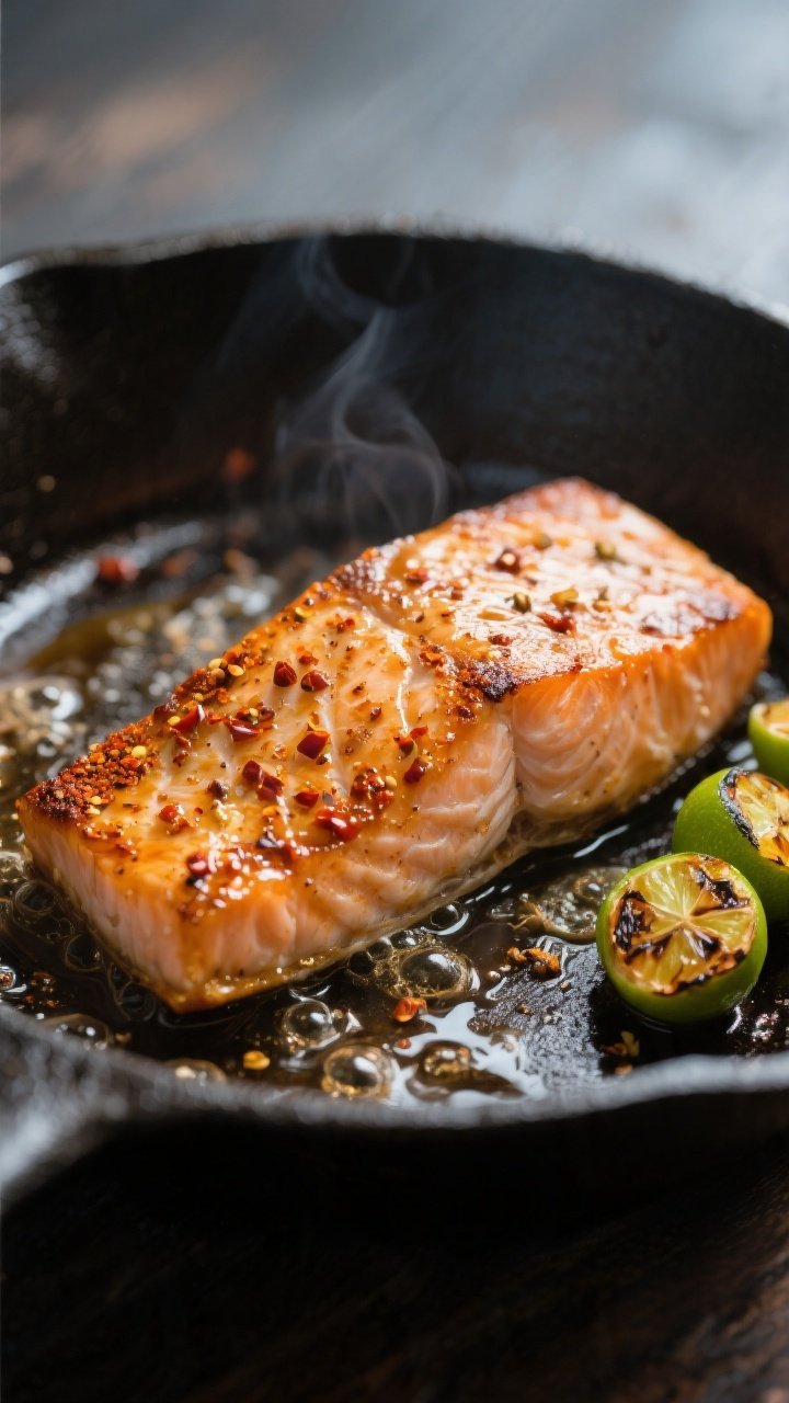 Close-up detail: Pan-seared chili lime salmon fillet just after flipping in a cast-iron skillet, car