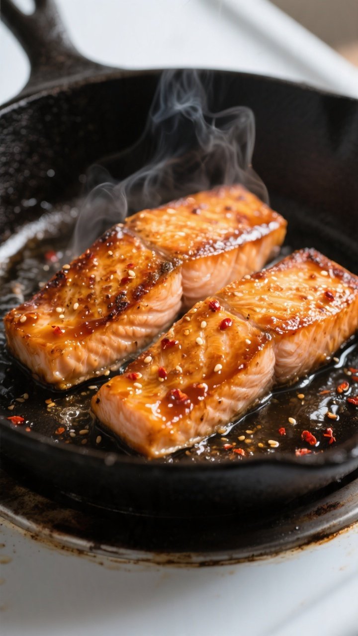 Close-up detail: Pan-seared maple glazed salmon just after flipping, skin-side crisp and golden with
