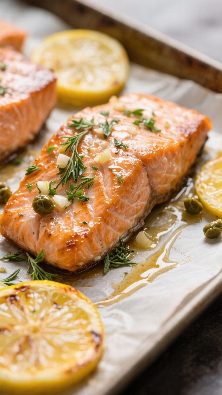 Close-up detail: Roasted Mediterranean lemon herb salmon just out of the oven, showing flaky, moist