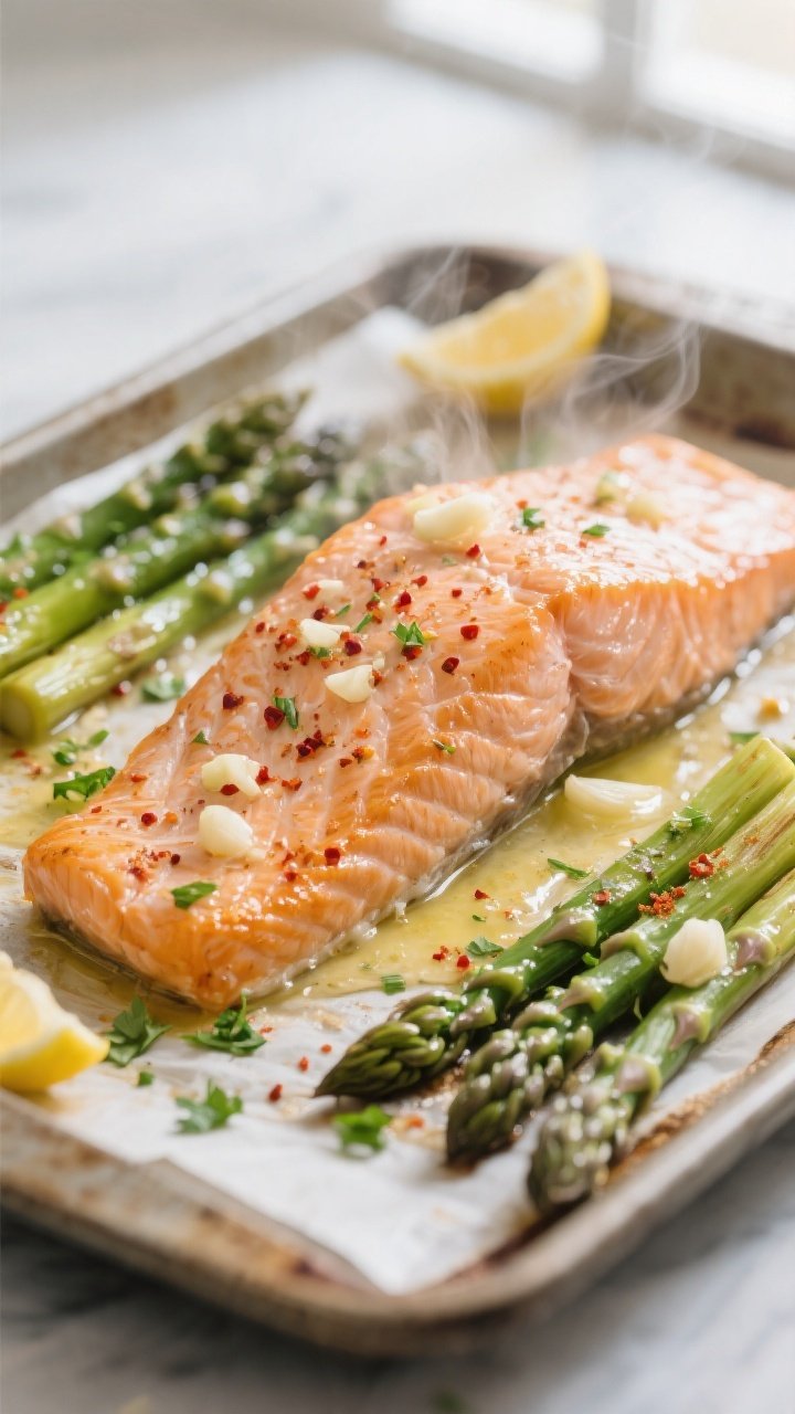 Close-up detail: Salmon fillet just out of the oven on a parchment-lined sheet pan, skin-side down,