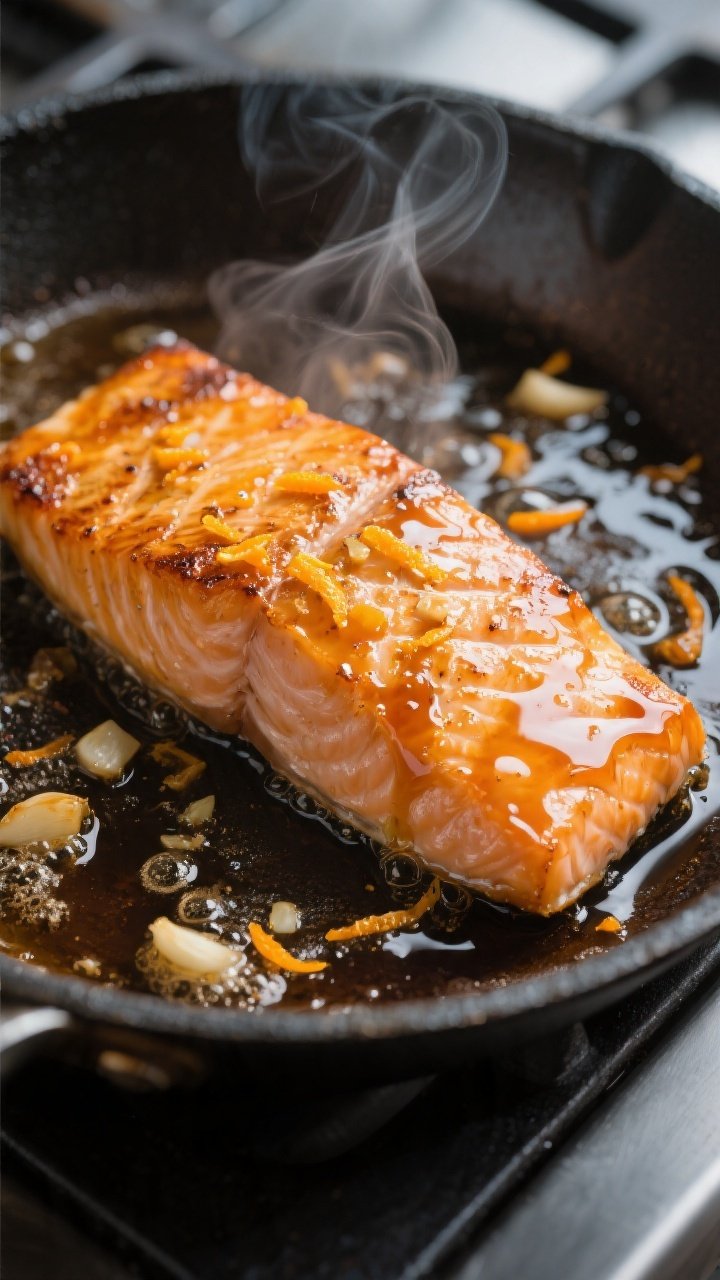 Close-up detail: Sear-kissed salmon fillet in a skillet as the orange-soy-honey glaze reduces around