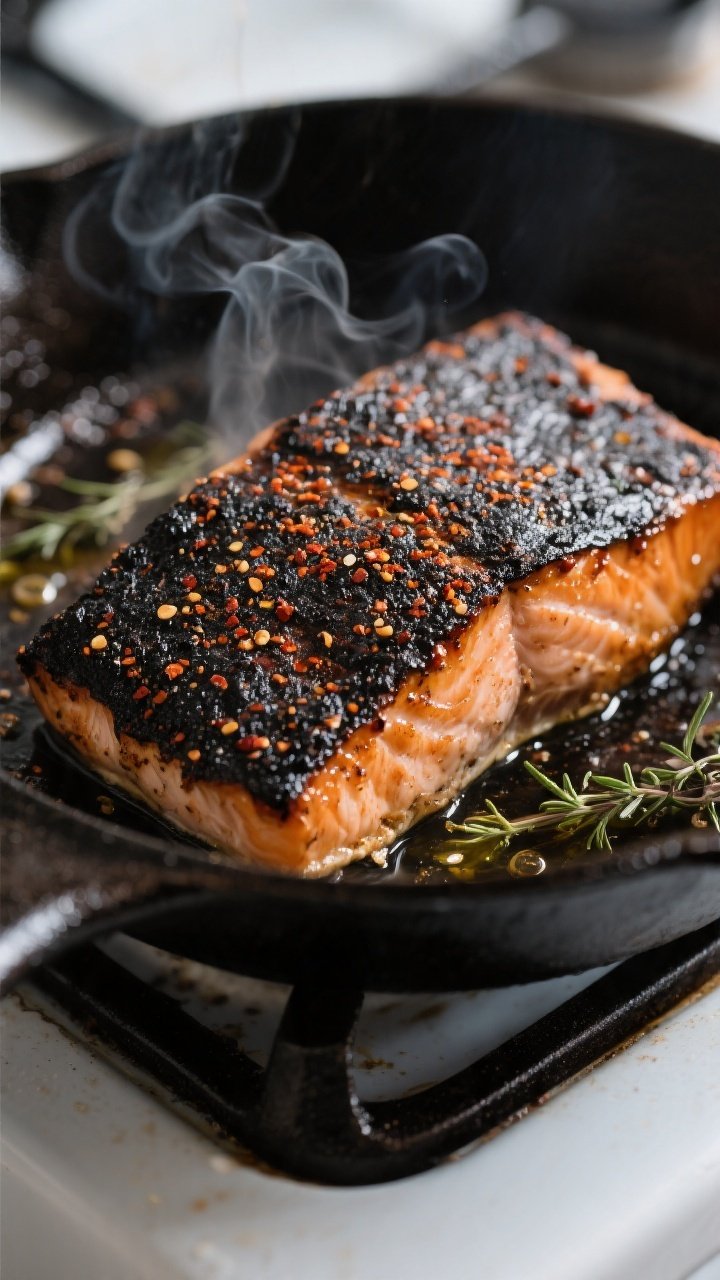Close-up detail: Searing blackened salmon fillet in a cast-iron skillet, presentation side down, dee