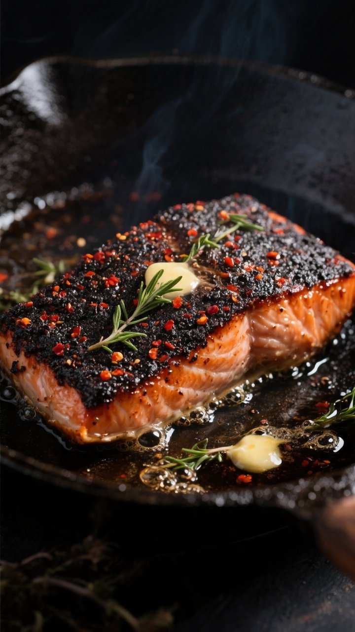 Close-up detail: Searing Cajun blackened salmon fillet in a hot cast-iron skillet, flesh side down, 