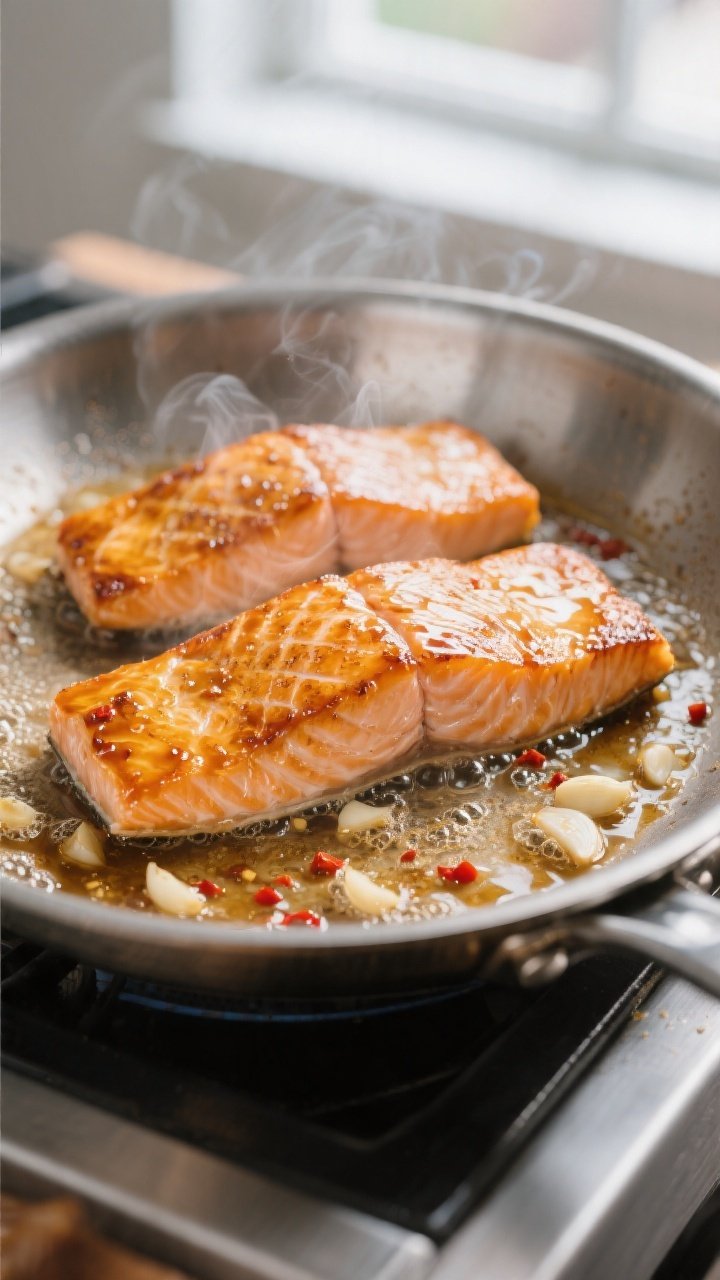 Close-up detail: Searing honey-garlic glazed salmon fillets in a stainless-steel skillet, presentati
