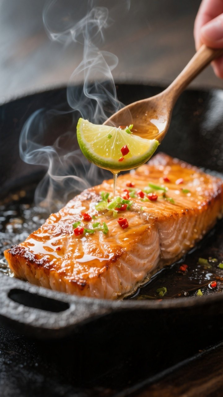 Close-up detail: Searing honey-lime glazed salmon fillet in a cast-iron skillet, skin-side down, edg