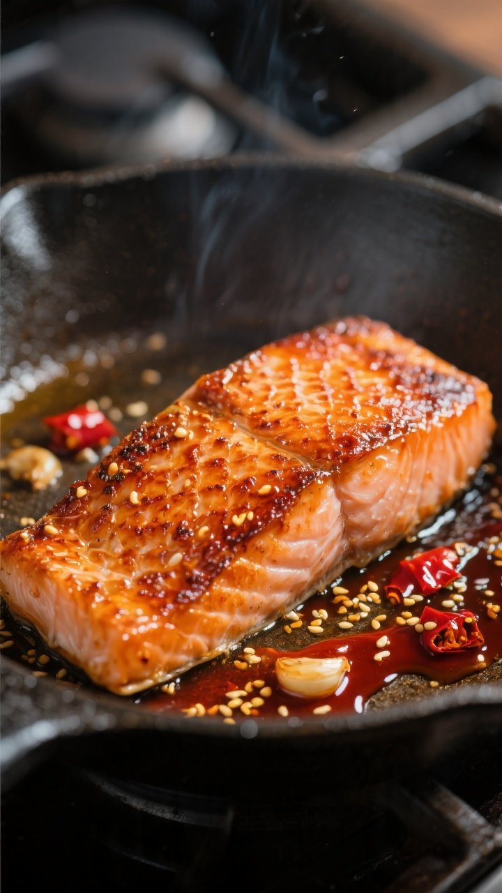 Close-up detail: Searing salmon skin-side down in a hot oven-safe skillet, edges caramelized and ski