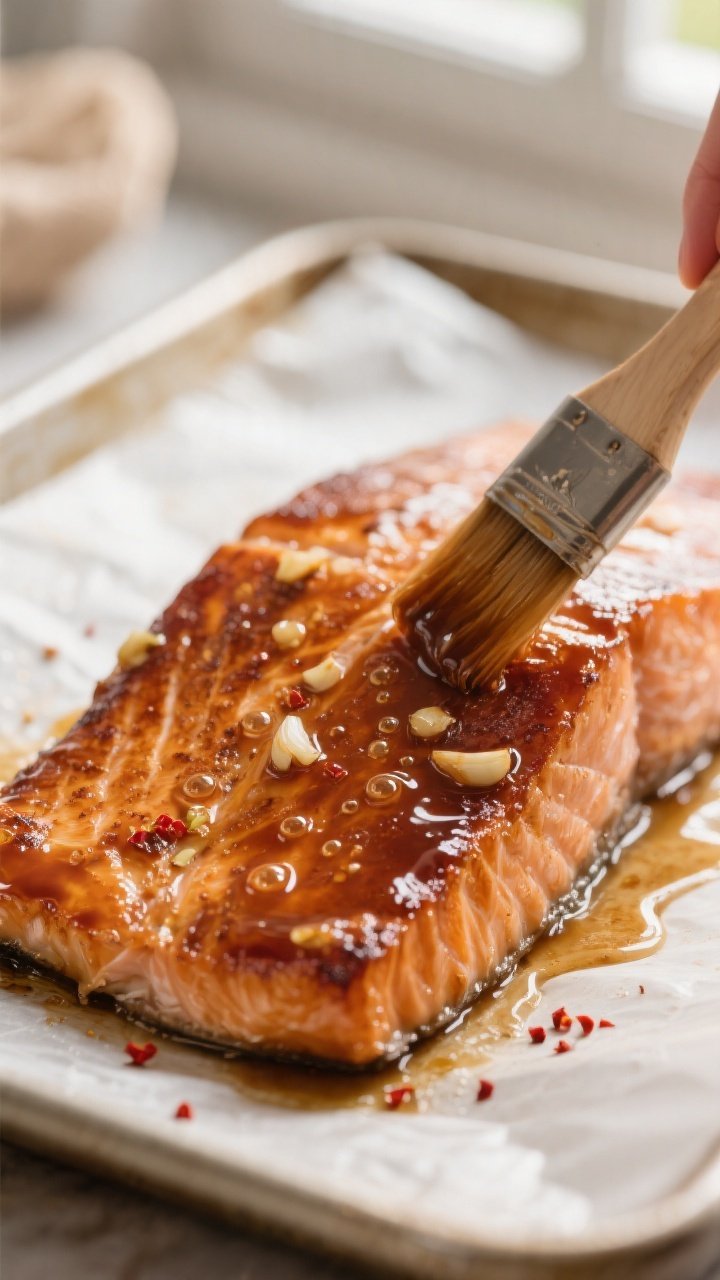 Close-up detail shot of caramelized brown sugar glazed salmon just out of the oven, showing glossy, 