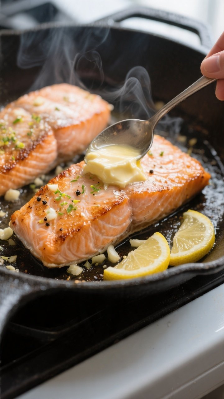 Close-up detail shot: Searing salmon fillets skin-side down in an oven-safe skillet, hot garlic butt