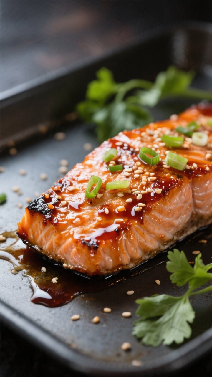 Close-up detail: Sweet chili glazed salmon fillet just out from under the broiler, edges lightly cha