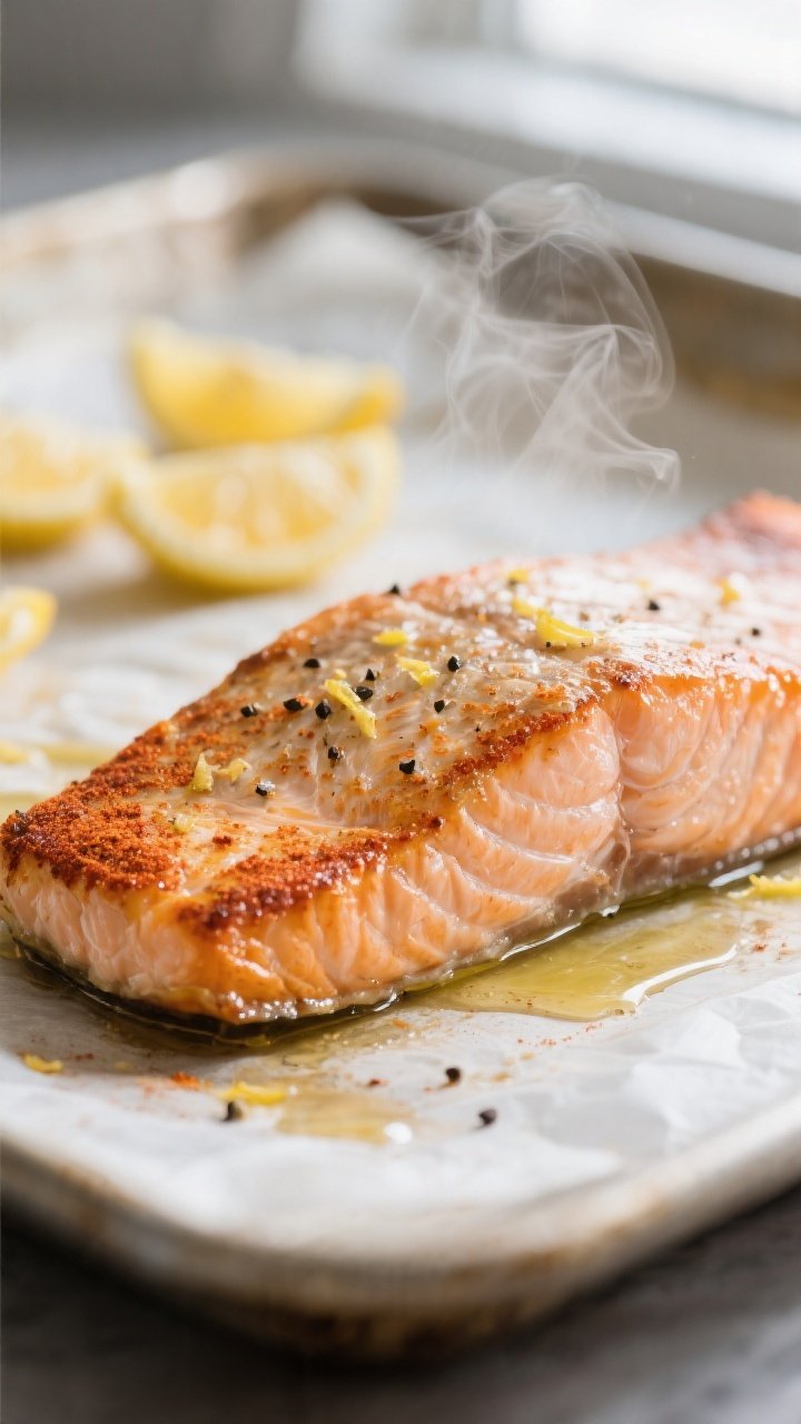 Close-up detail: Tender baked salmon fillet just out of the oven at 400–425°F, skin-side down on
