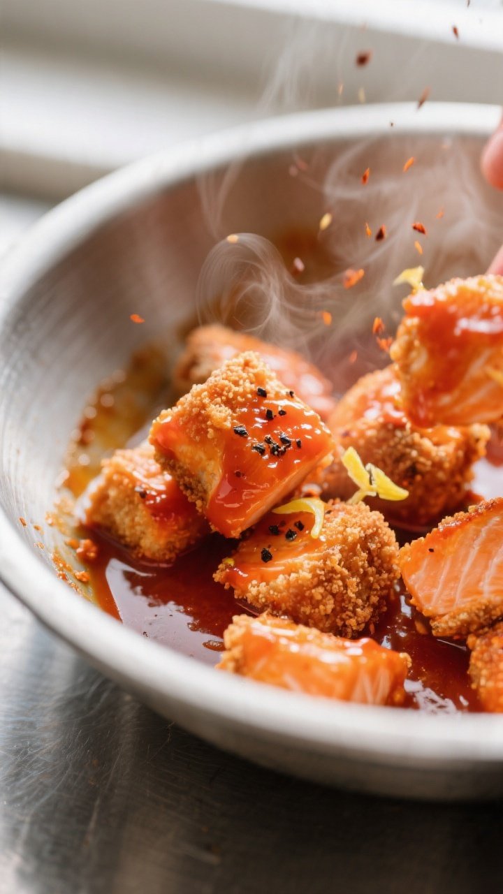 Close-up detail: Ultra-close shot of freshly cooked buffalo salmon bites being tossed in a warm buff
