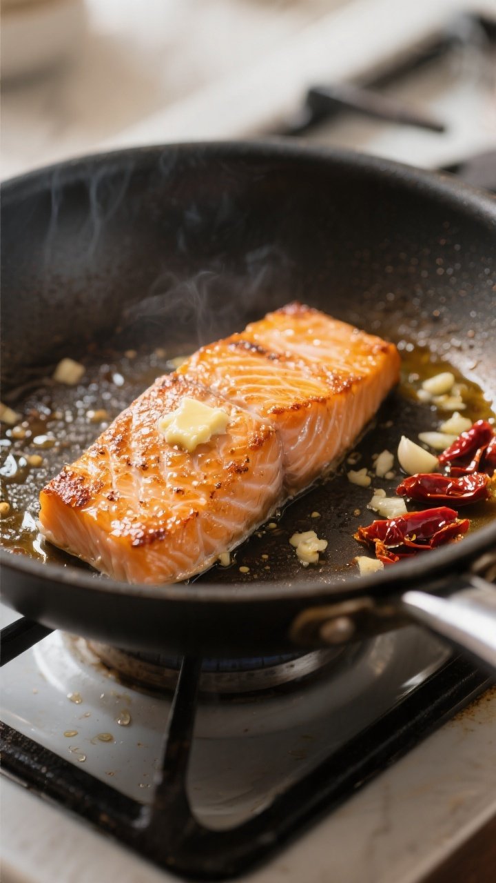 Cooking process, close-up detail: Searing salmon fillets in a large skillet, presentation side down,