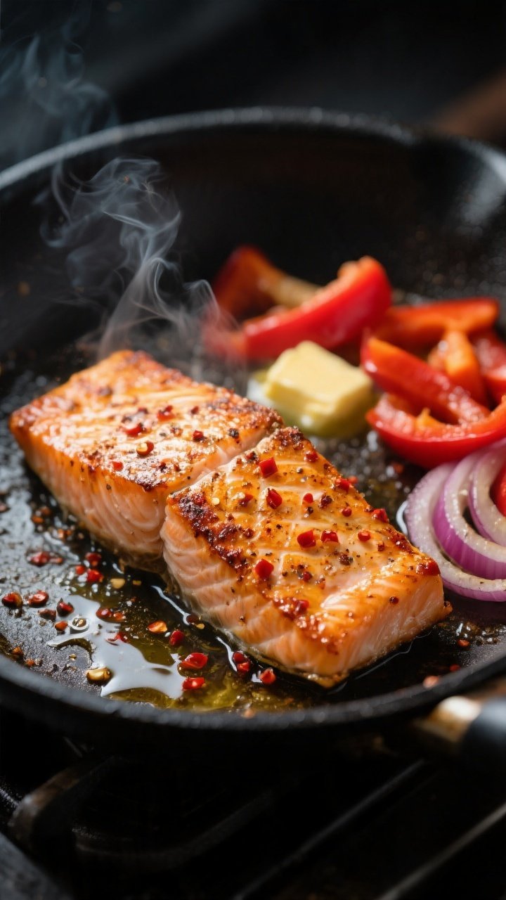 Cooking process, close-up: Pan-seared salmon fillets with crisp, Cajun-spiced edges sizzling in a bl