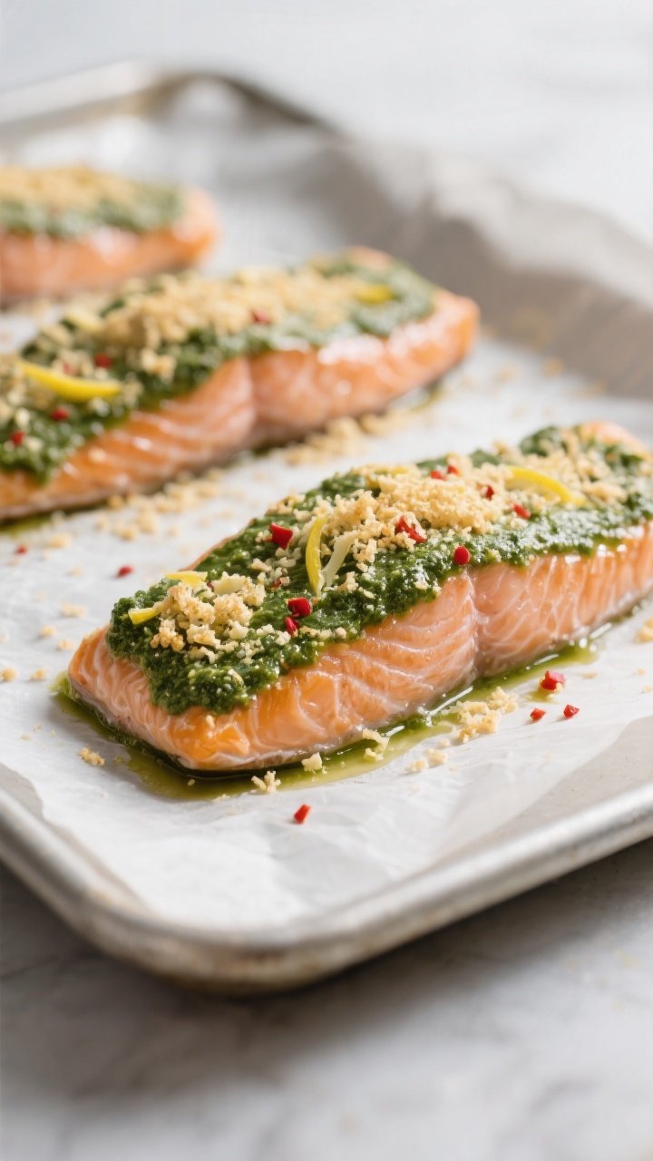 Cooking process close-up: Salmon fillets on a parchment-lined baking sheet at the moment just before