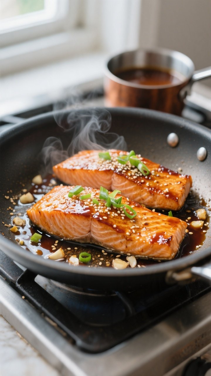 Cooking process, close-up sear: Close-up of salmon fillets in a nonstick skillet at medium-high heat