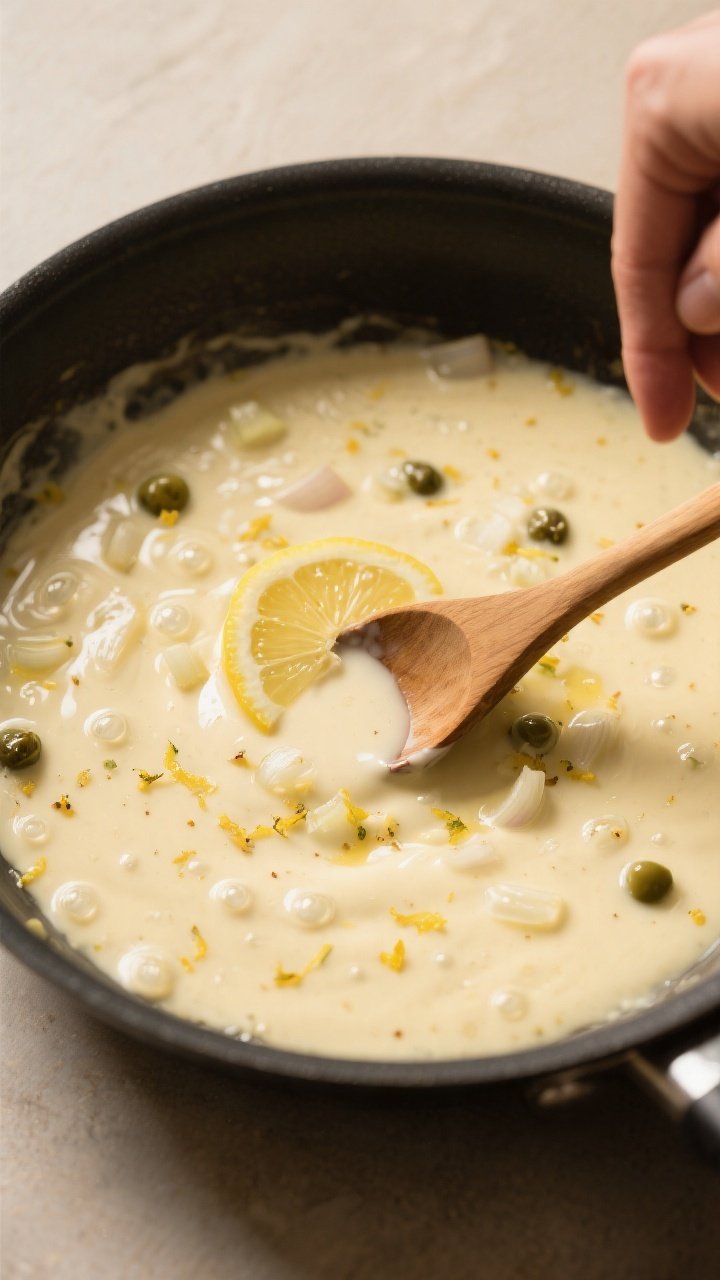 Cooking process: Deglazing and sauce-building moment in the same skillet—silky lemon cream sauce g