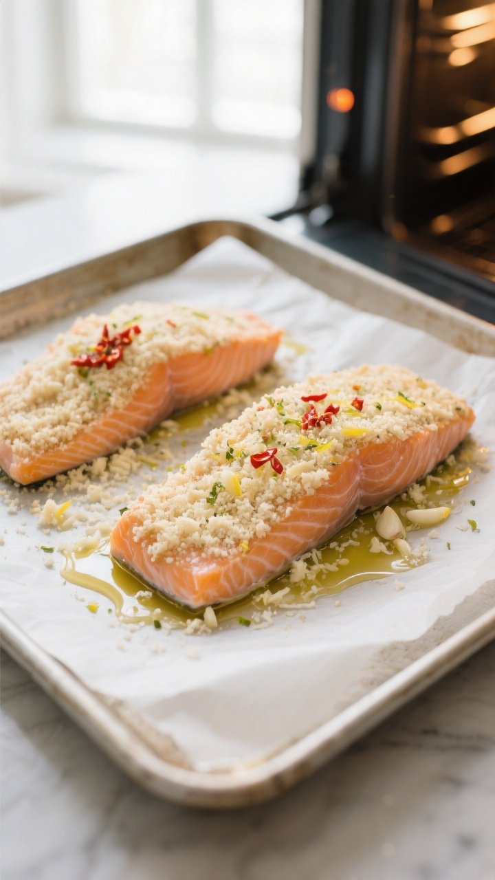 Cooking process: Overhead shot of salmon fillets on a parchment-lined sheet pan at the “spread and