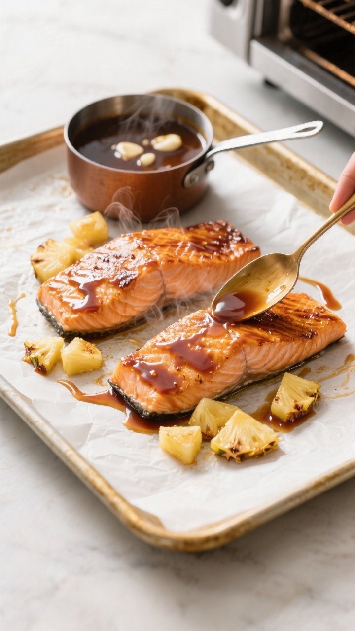 Cooking process: Overhead shot of salmon on a parchment-lined sheet pan mid-cook, being brushed with