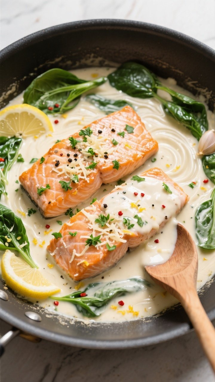 Cooking process: Overhead shot of the creamy garlic-lemon sauce simmering in a wide skillet—silky 
