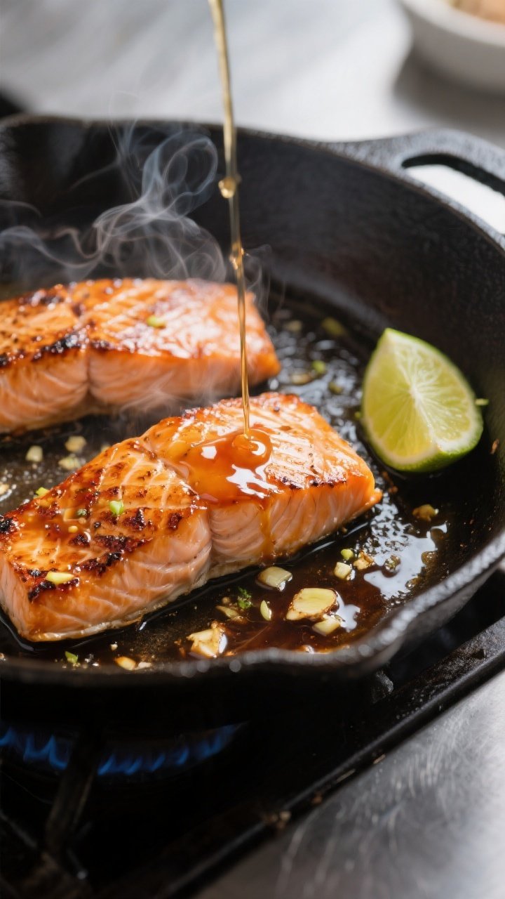 Cooking process: Pan-seared salmon in a cast-iron skillet over medium-high heat, skin-side down piec