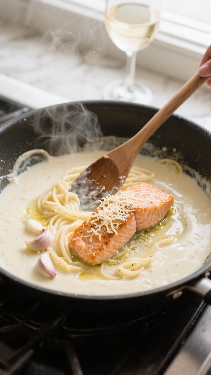 Cooking process: Salmon Alfredo sauce being built in the same skillet—garlic sizzling in butter, d
