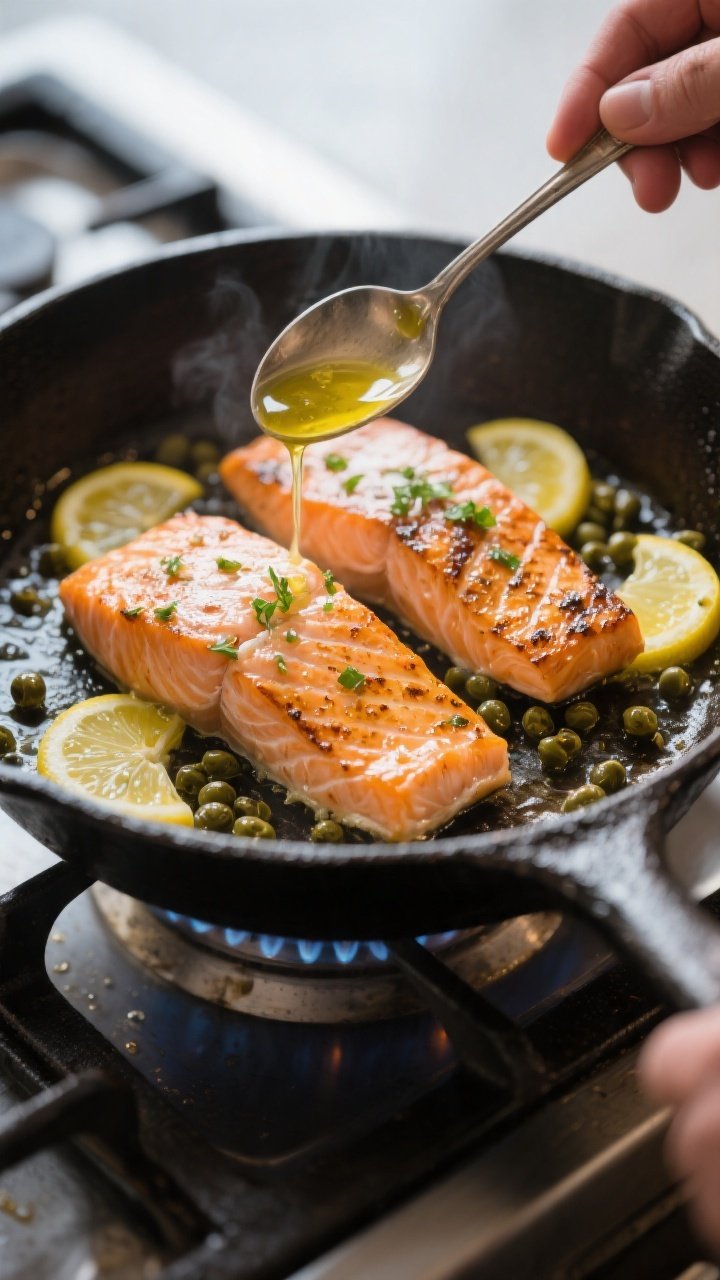 Cooking process: Salmon fillets in a hot cast-iron skillet under the broiler’s finish, edges sizzl