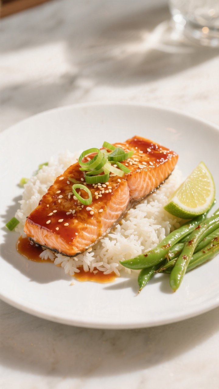 Final dish: Beautifully plated Spicy Honey Sriracha Salmon fillet on a matte white plate over steame
