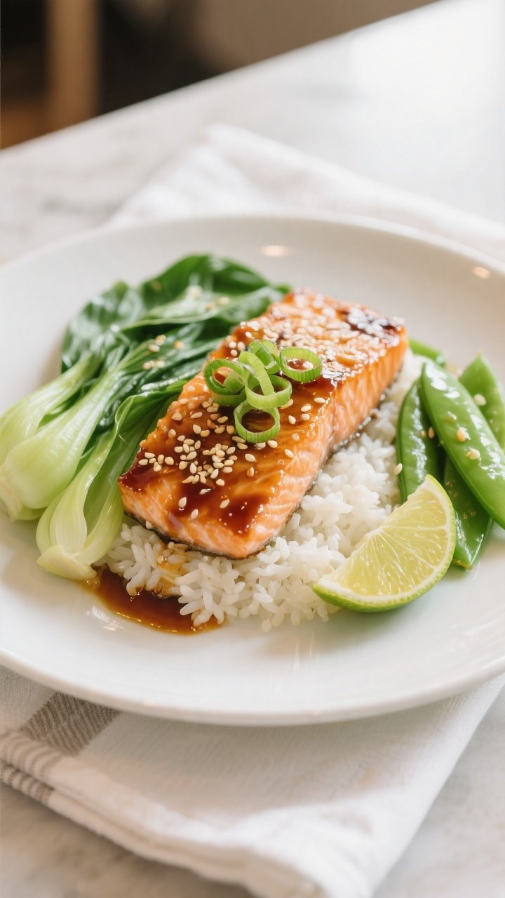 Final dish presentation: Beautifully plated Asian Sesame Ginger Salmon over fluffy white rice with q