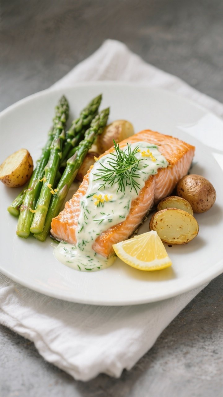 Final dish presentation: Beautifully plated Baked Salmon with Creamy Dill Sauce on a matte white pla