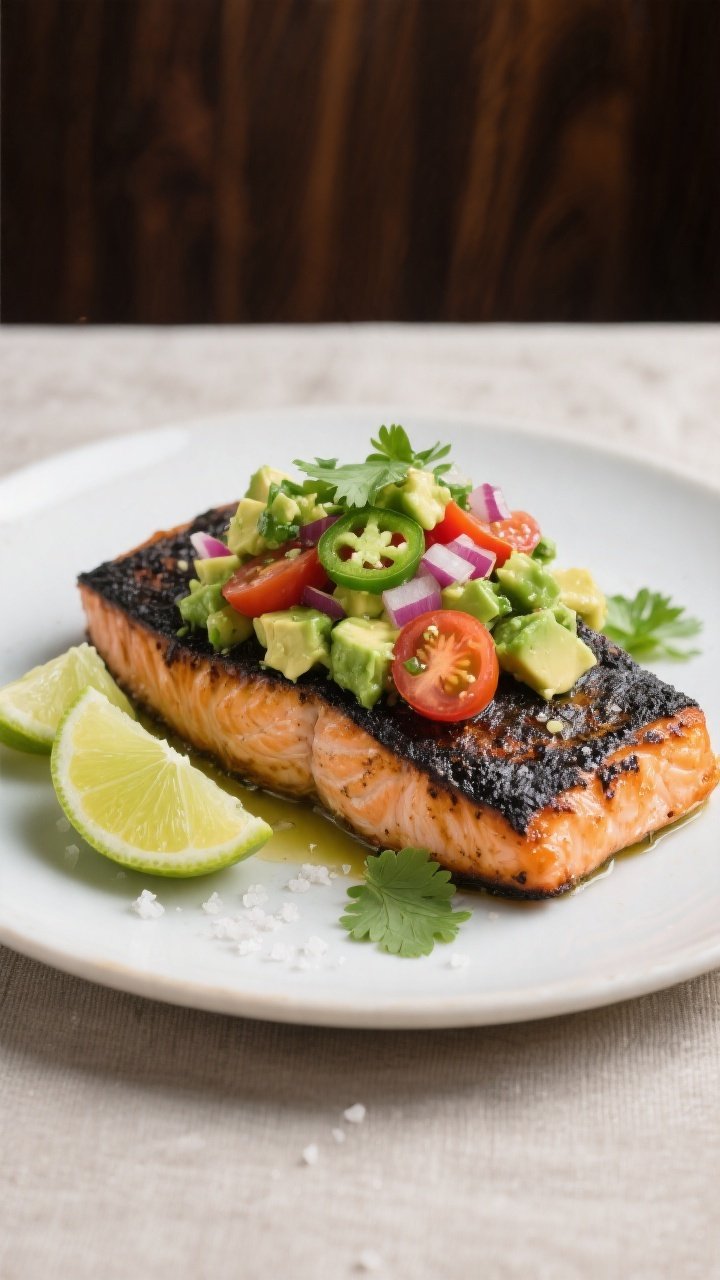 Final dish presentation: Beautifully plated blackened salmon with generous avocado salsa spooned on