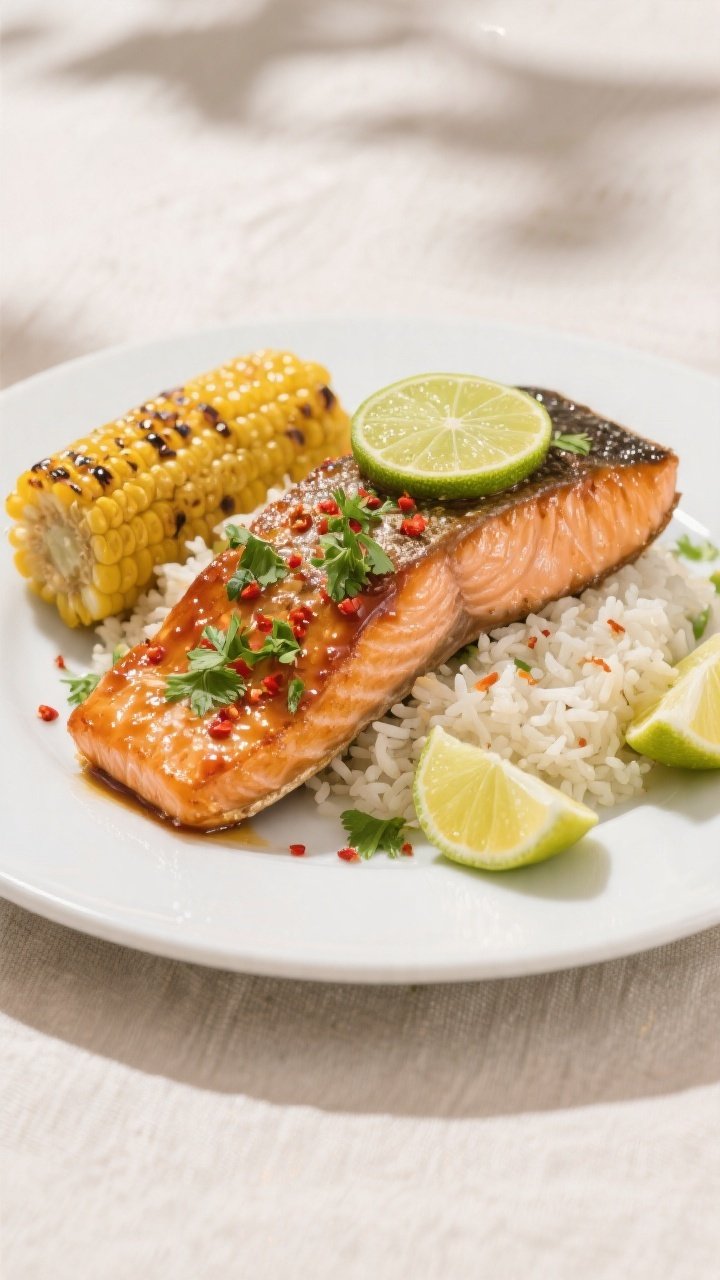 Final dish presentation: Beautifully plated Chili Lime Salmon on a matte white plate, fillet glazed