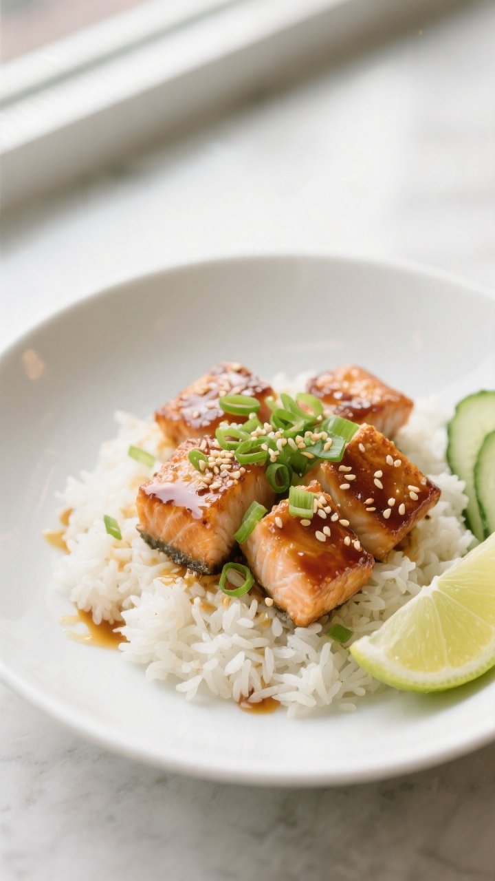 Final dish presentation: beautifully plated crispy honey garlic salmon bites over fluffy jasmine ric