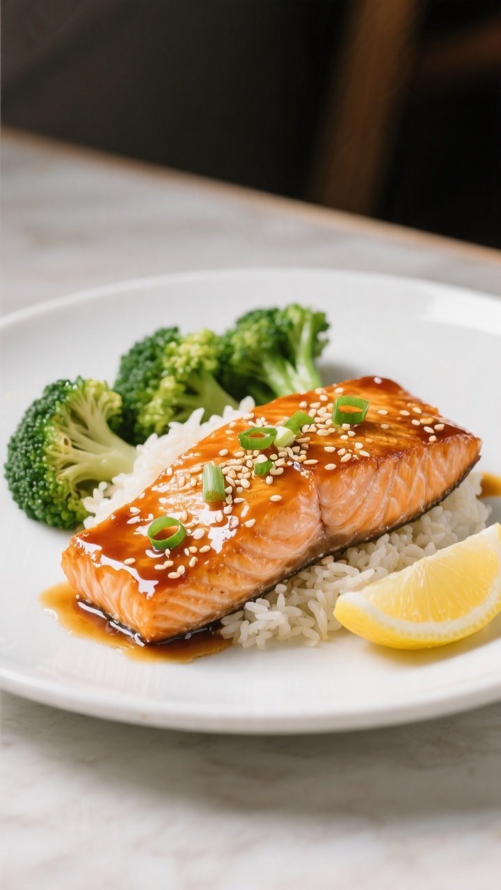 Final dish presentation: Beautifully plated Honey Garlic Glazed Salmon on a matte white plate, fille