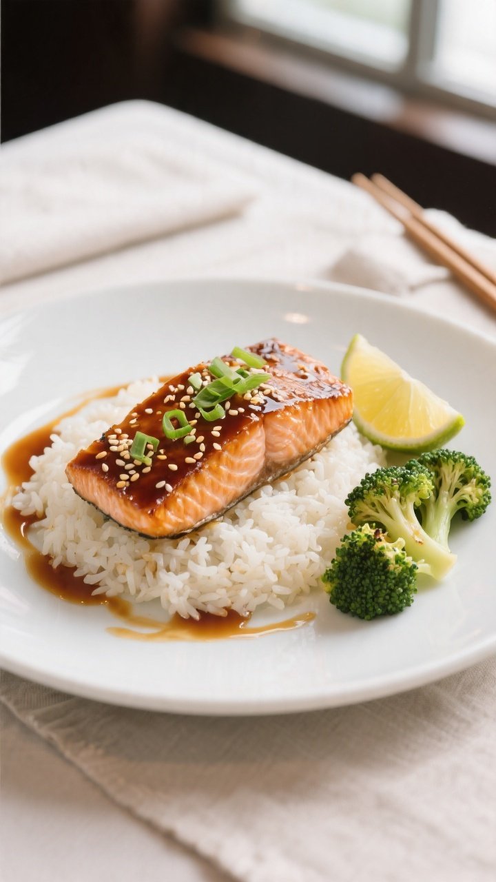 Final dish presentation: Beautifully plated maple glazed salmon fillet on a matte white plate over a