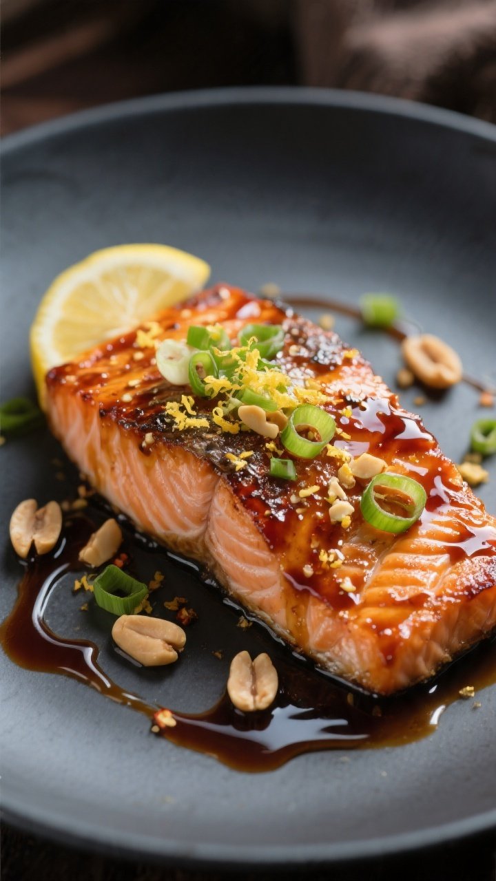Final dish presentation: Restaurant-quality plate of Garlic Chili Oil Salmon finished to medium (jui