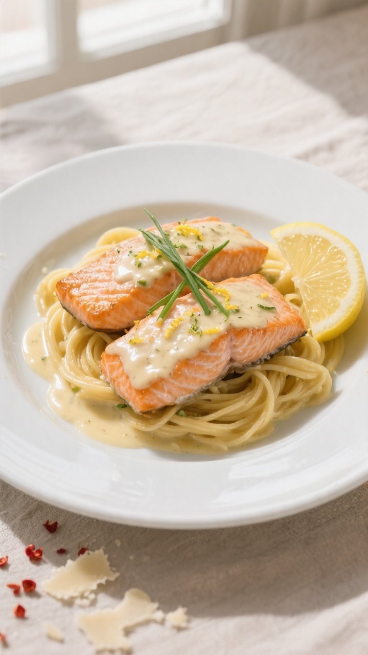 Final dish presentation: Restaurant-quality plate of Creamy Garlic Butter Salmon—two fillets nappe