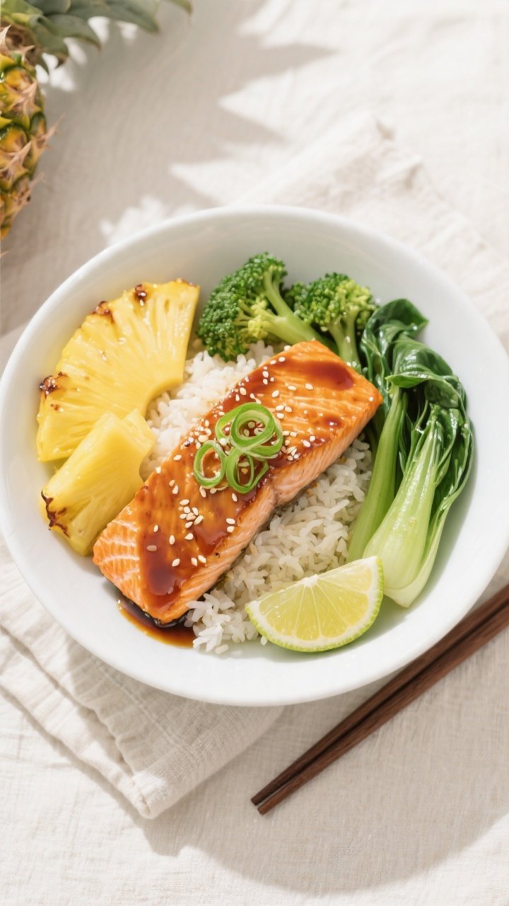 Final dish presentation: Restaurant-quality plated Pineapple Teriyaki Salmon bowl, overhead top view