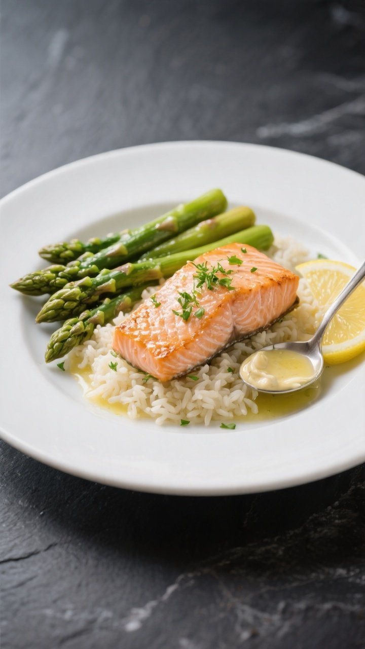 Final dish presentation: Restaurant-quality plated Garlic Butter Salmon & Asparagus—one fillet per