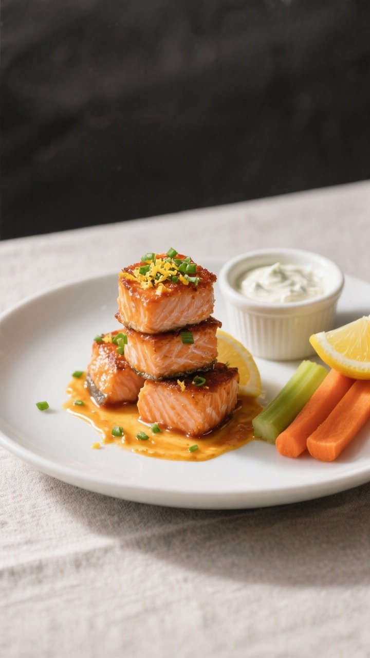 Final dish presentation: Restaurant-quality plating of buffalo salmon bites stacked on a matte white